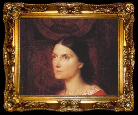 framed  George Frederick watts,O.M.,R.A. Portrait of Lady Wolverton,nee Georgiana Tufnell,half length,earing a red dress (mk37), ta009-2